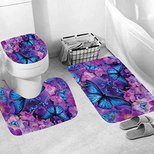 4Pcs Flowers and Butterfliers Shower Curtain Set with Non-Slip Rugs and Toilet Lid Cover