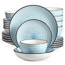 Blue Dinner Set, 24 Pieces Stoneware Dinnerware Set, Handpainted Spirals Pattern