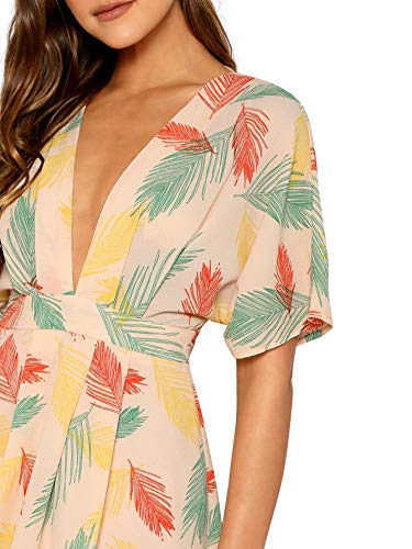 Women's Deep V Neck Tie Open Back Tropical Short Dress