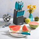 Oster Lindbergh 14 Piece Stainless Steel Cutlery Set Black Block, Teal Handles,Teal/Black