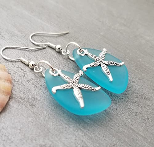 Handmade in Hawaii, "Twin Starfish" Turquoise Bay Blue sea glass earrings