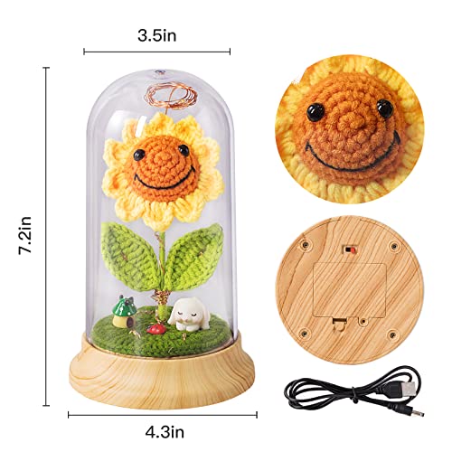 Crochet Artificial Sun Flower Decor in Glass Dome with Led Light Strip, for Her Mom