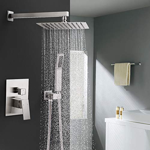 10 Inches Bathroom Rain Shower Combo Set Wall Mounted Rainfall Brushed Nickel Shower Head System Rough-in Valve Body and Trim Included,HGN
