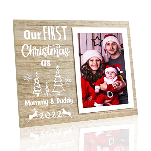 Baby 1st Christmas Picture Frame, First Christmas Frame for New Parents, Newborn Family Natural Wood Photo Frame (First Christmas as daddy and mommy)