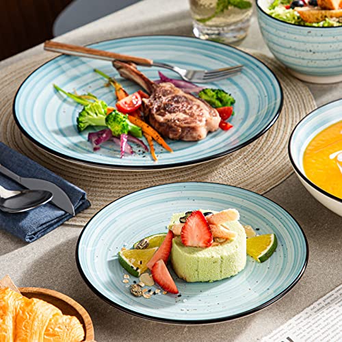 Blue Dinner Set, 24 Pieces Stoneware Dinnerware Set, Handpainted Spirals Pattern