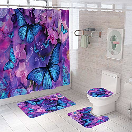 4Pcs Flowers and Butterfliers Shower Curtain Set with Non-Slip Rugs and Toilet Lid Cover