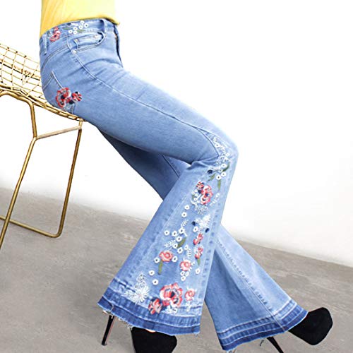 CHARTOU Womens Chic Floral Embroidered High-Rise Bell Bottom Flare Jeans