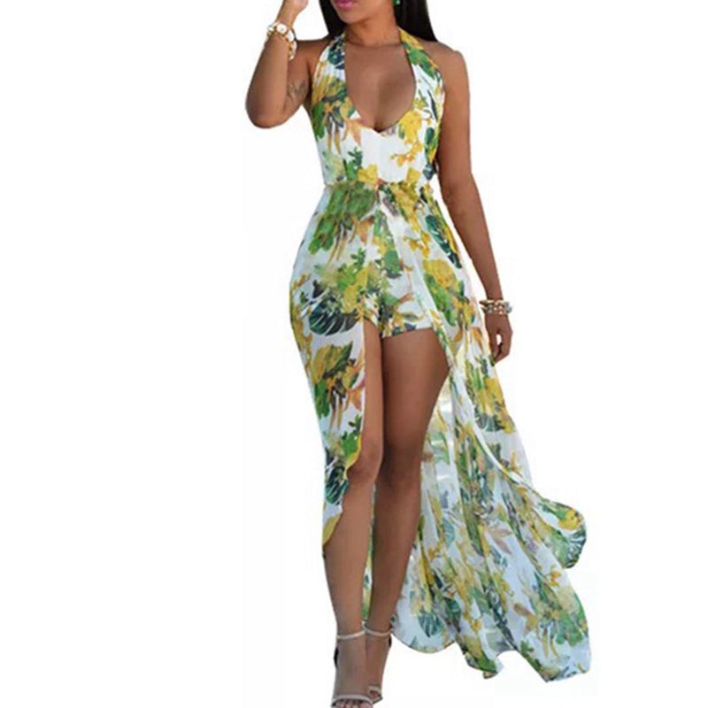 V Neck Jumpsuit Floral Print Long Split Sleeveless Dress