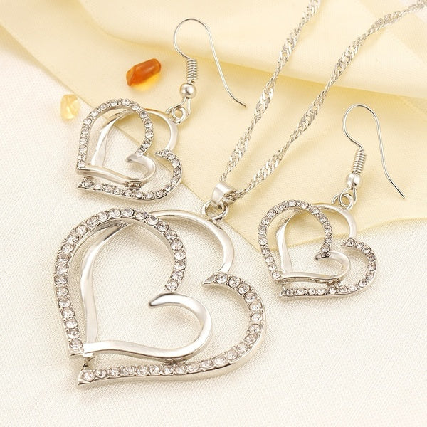 Necklace Earring Set Fashion Luxury Crystal Charm Goldplated Silver Heart