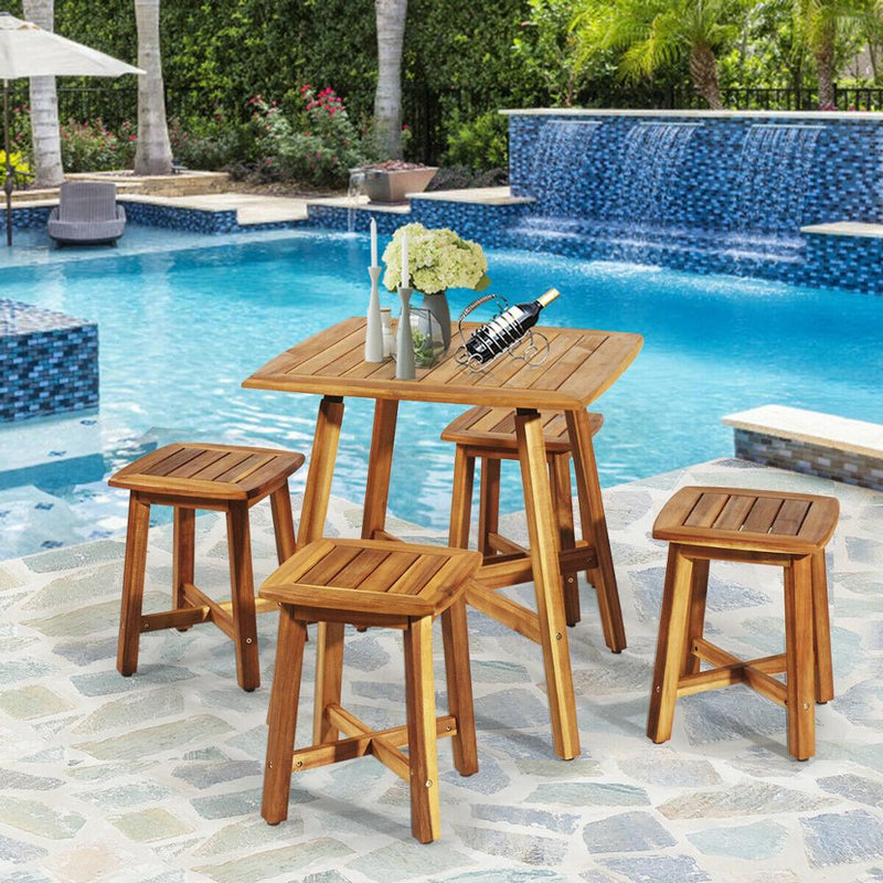 5PCS Acacia Patio Dining Set Outdoor Dining Furniture w/Square Table & 4 Stools