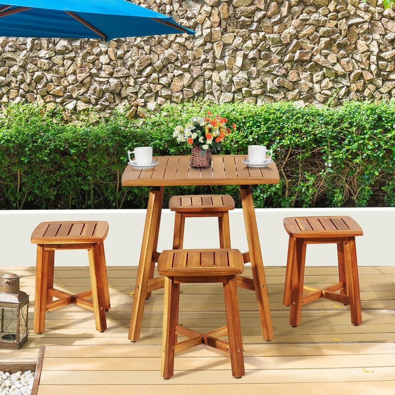 5PCS Acacia Patio Dining Set Outdoor Dining Furniture w/Square Table & 4 Stools