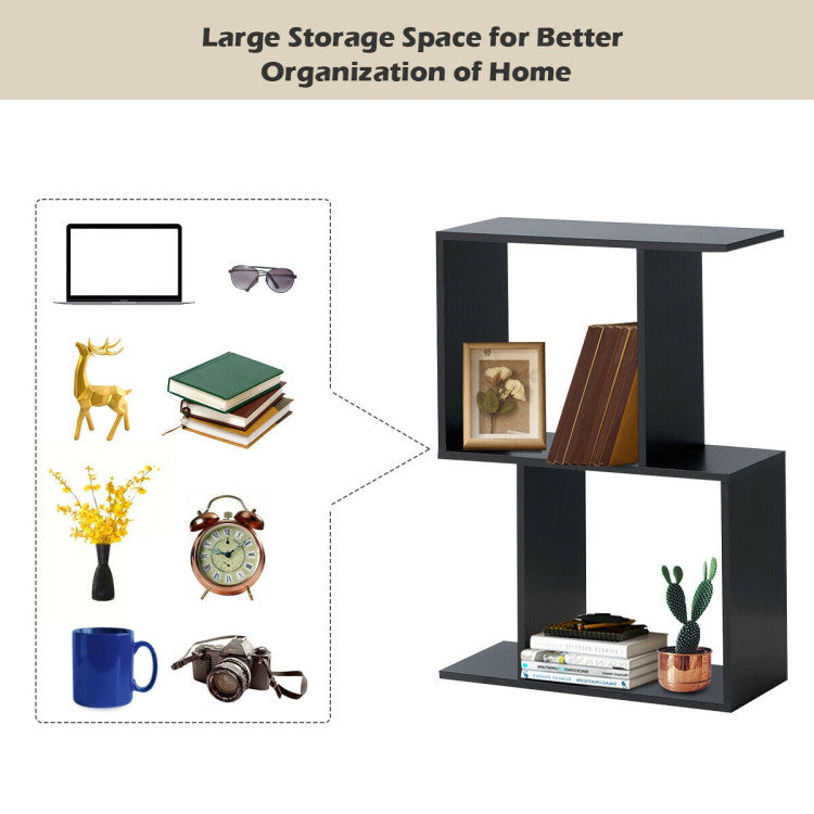 2 Tiers Wooden S-Shaped Bookcase for Living Room Bedroom Office