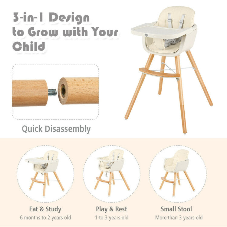 3-in-1 Convertible Wooden High Chair with Cushion