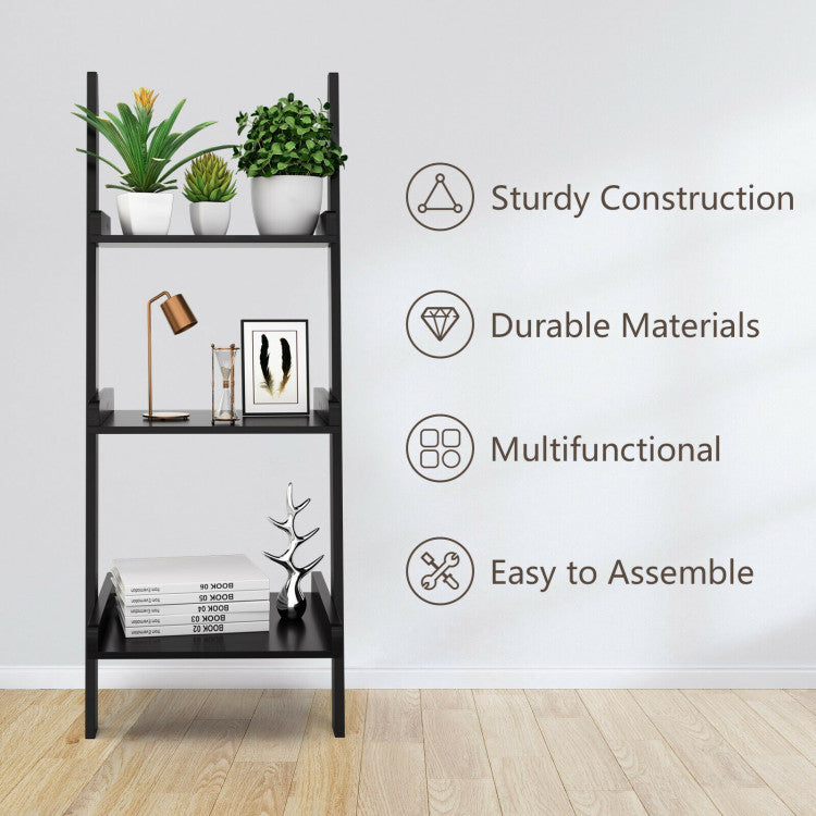 3 Tier Leaning Rack Wall Book Shelf Ladder (Black)