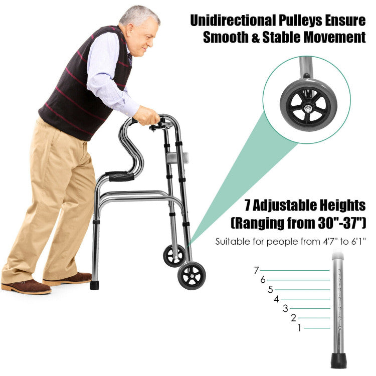 Adjustable Heavy-Duty Folding Walker with Unidirectional Wheels and Bi-Level Armrests