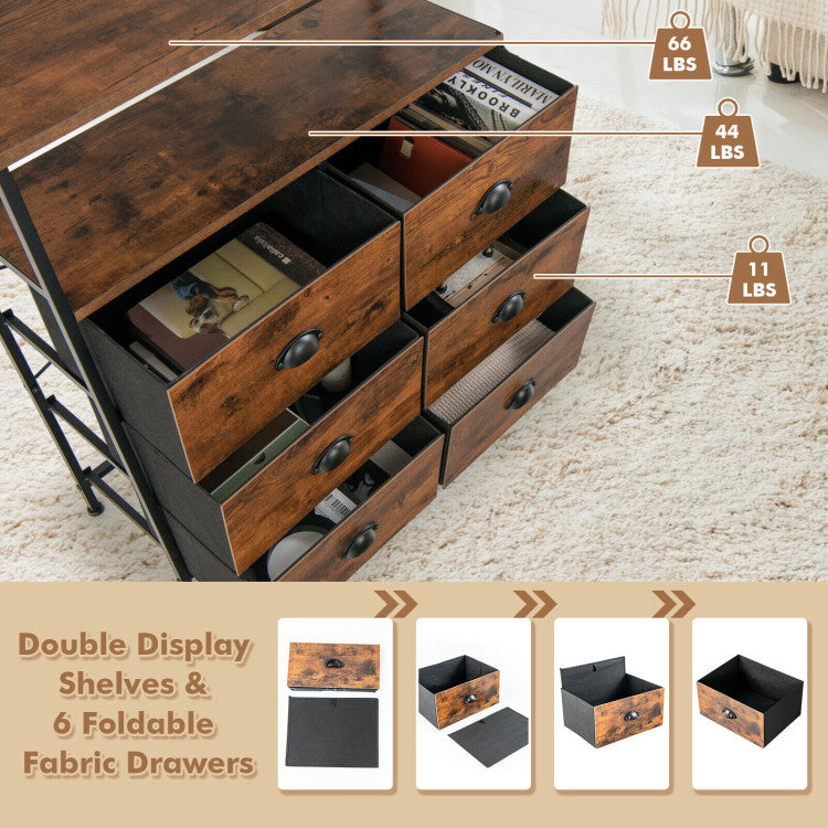 2-Tier Storage Chest with Wooden Top and 6 Fabric Drawers (Rustic Brown)