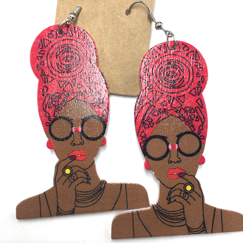 African Lady HeadWrap Wooden Earrings