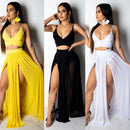 Summer Beach Party Dress Maxi Crop Top Two Piece Split Skirt Set