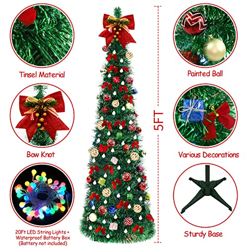 Pop Up Christmas Tree, 5FT Collapsible Artificial Christmas Tree with 40 LED Multicolor Lights