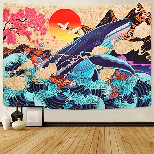 Sevenstars Japanese Ukiyo-e Tapestry Sea Wave Koi Tapestry Trippy Whale