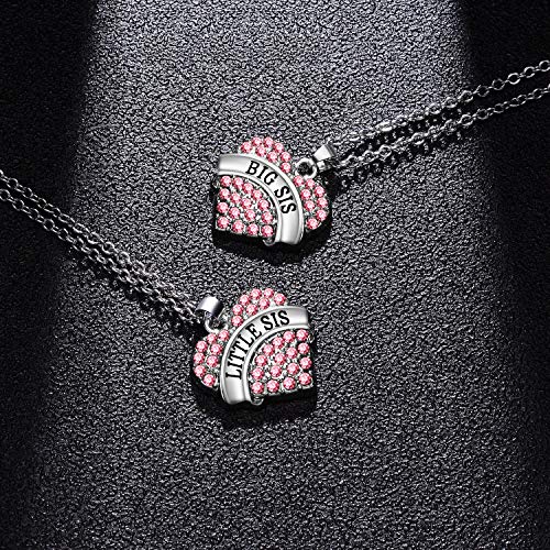 2PCs Big Sis Lil Sis Crystal Heart Pendant Necklace Set Gift for Sister (Pink)