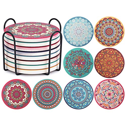 Set of 8 Coaster for Drinks Absorbent Mandala Ceramic Coasters with Cork Base Decor