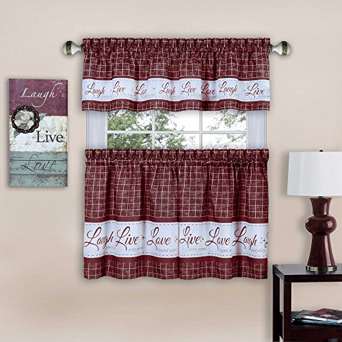 Live, Love, Laugh Window Curtain Tier Pair and Valance Set, Burgundy