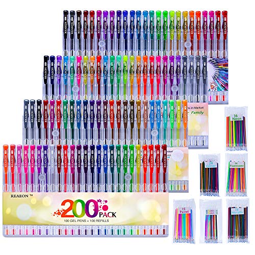 200 Pack Gel Pen with Case for Adult Coloring Books, 100 Color Gel Markers100 Refills