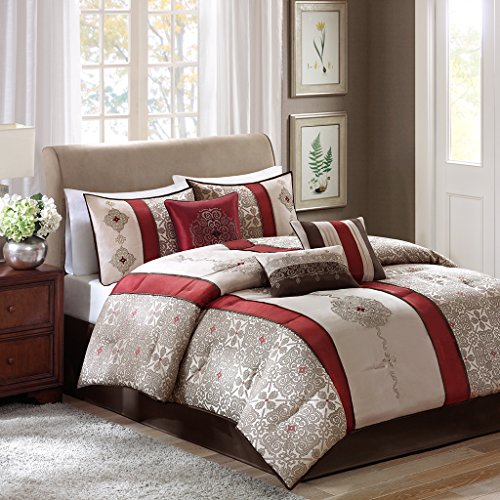 Bed Comforter Set Bed In A Bag - Taupe, Burgundy , Jacquard Pattern