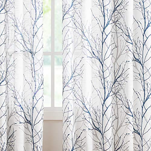 White Blue Semi-Sheer Curtains 96-inches for Living Room Navy Grey Branches Printed