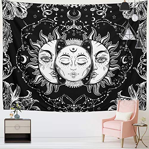 Sun and Moon Tapestry, Burning Sun with Stars Psychedelic Popular Mystic Wall