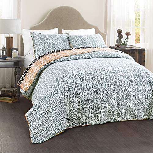 Bohemian Striped Quilt Reversible 3 Piece Bedding Set, King, Turquoise