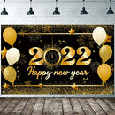 Happy New Year Decorations 2022, Large Size Fabric Black and Gold Happy New Year Banner Photography Backdrop for New Years Eve Party Supplies 2022 Indoor Outdoor