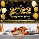 Happy New Year Decorations 2022, Large Size Fabric Black and Gold Happy New Year Banner Photography Backdrop for New Years Eve Party Supplies 2022 Indoor Outdoor