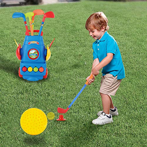 Toyvelt Kids Golf Club Set Golf Cart With Wheels, 4 Colorful Golf Sticks