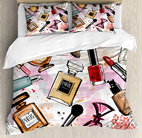 Fashion Duvet Cover Set, Cosmetic and Makeup Theme Pattern with Perfume Lipstick Nail Polish Brush Modern, Decorative 3 Piece Bedding Set with 2 Pillow Shams