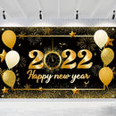 Happy New Year Decorations 2022, Large Size Fabric Black and Gold Happy New Year Banner Photography Backdrop for New Years Eve Party Supplies 2022 Indoor Outdoor