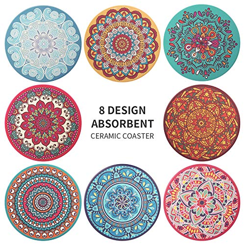 Set of 8 Coaster for Drinks Absorbent Mandala Ceramic Coasters with Cork Base Decor
