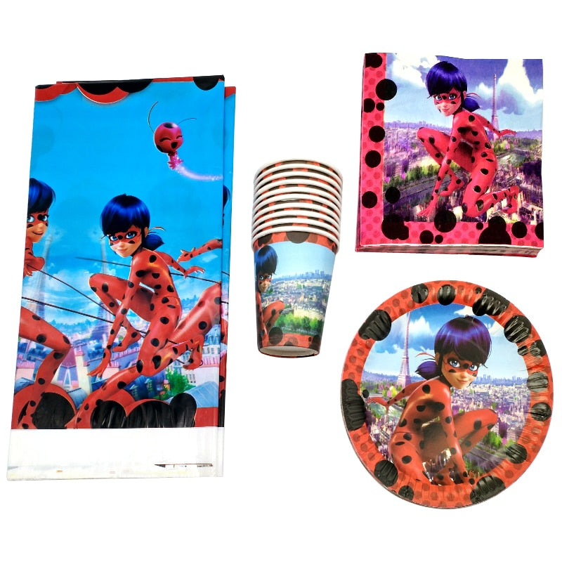 61PCS Kids Napkins Cups Plates Tablecloth Decoration Tableware Miraculous Ladybug Design