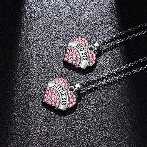2PCs Big Sis Lil Sis Crystal Heart Pendant Necklace Set Gift for Sister (Pink)