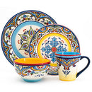 Euro Ceramica Zanzibar Collection 16 Piece Dinnerware Set Kitchen and Dining, Service for 4, Spanish Floral Design, Multicolor, Blue and Yellow