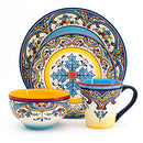 Euro Ceramica Zanzibar Collection 16 Piece Dinnerware Set Kitchen and Dining, Service for 4, Spanish Floral Design, Multicolor, Blue and Yellow