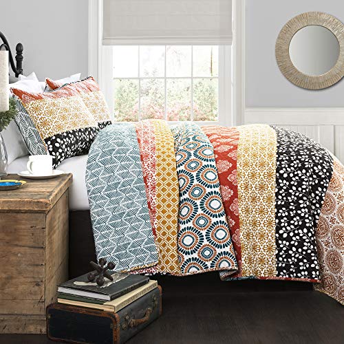 Bohemian Striped Quilt Reversible 3 Piece Bedding Set, King, Turquoise