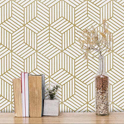 Gold and White Geometric Wallpaper Peel and Stick Wallpaper Hexagon