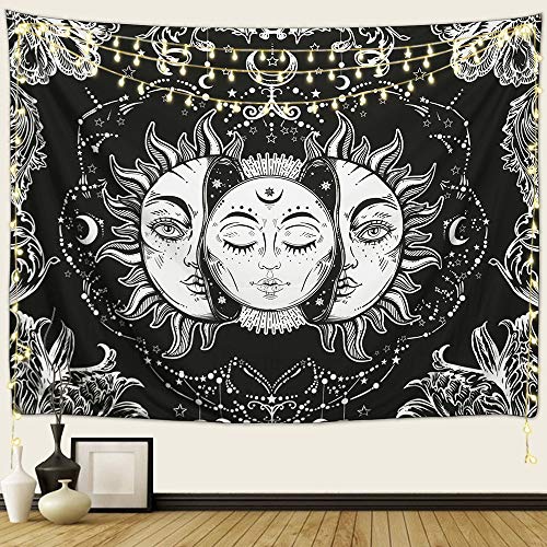 Sun and Moon Tapestry, Burning Sun with Stars Psychedelic Popular Mystic Wall