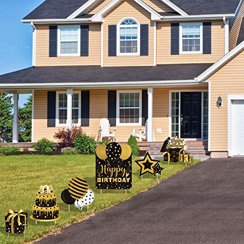 Happy Birthday Yard Sign with Stakes for Adults Black Gold Birthday Decorations