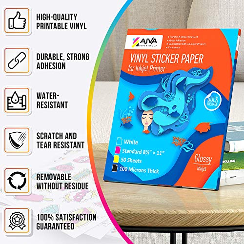 Printable Vinyl Sticker Paper - Waterproof Decal Paper for Inkjet Printer - 50 Self-Adhesive Sheets