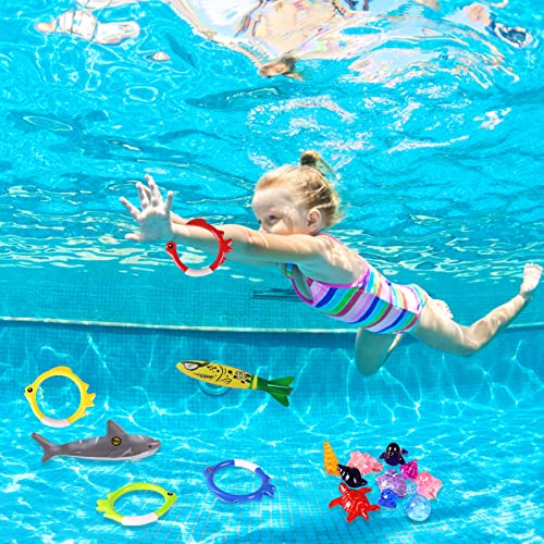 24 Pack Summer Pool Diving Toys for Kids, Fun Swimming Pool Games Sinking Toy Set, Underwater Diving Gifts with Storage Bag Include Torpedo Gems Shark Diving Rings Sea Animals for Boys Girls