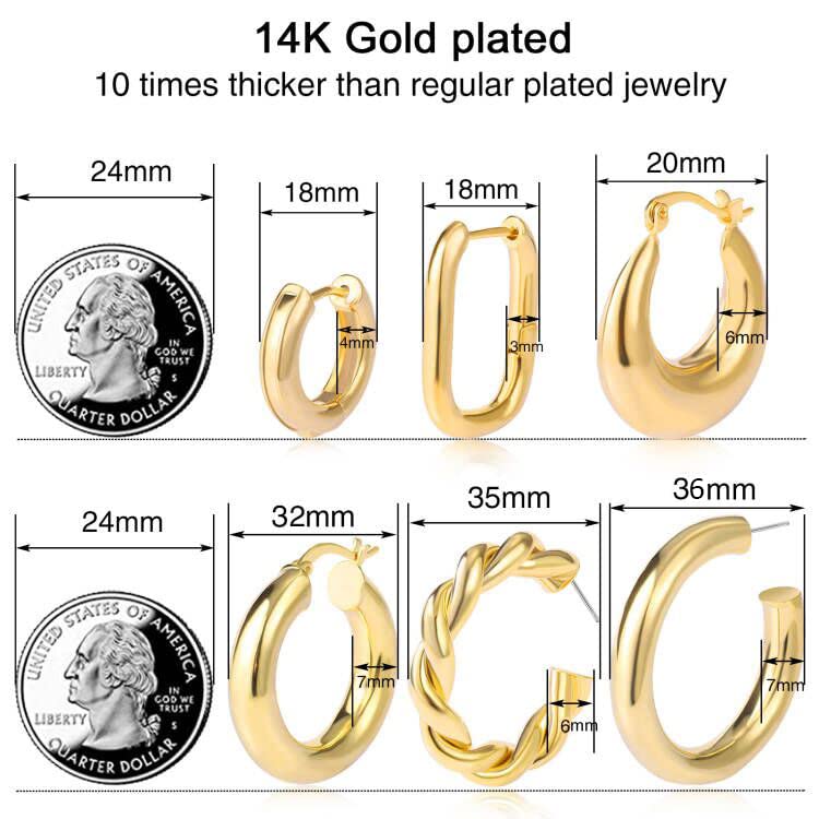6 Pairs Gold Chunky Hoop Earrings Set for Women Hypoallergenic Thick Open Twisted Huggie Hoop Jewelry for Birthday Gifts