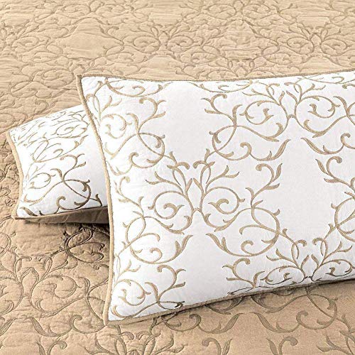 Reversible 100% Cotton 3-Piece Beige Embroidery Pattern Elegant Quilt Set